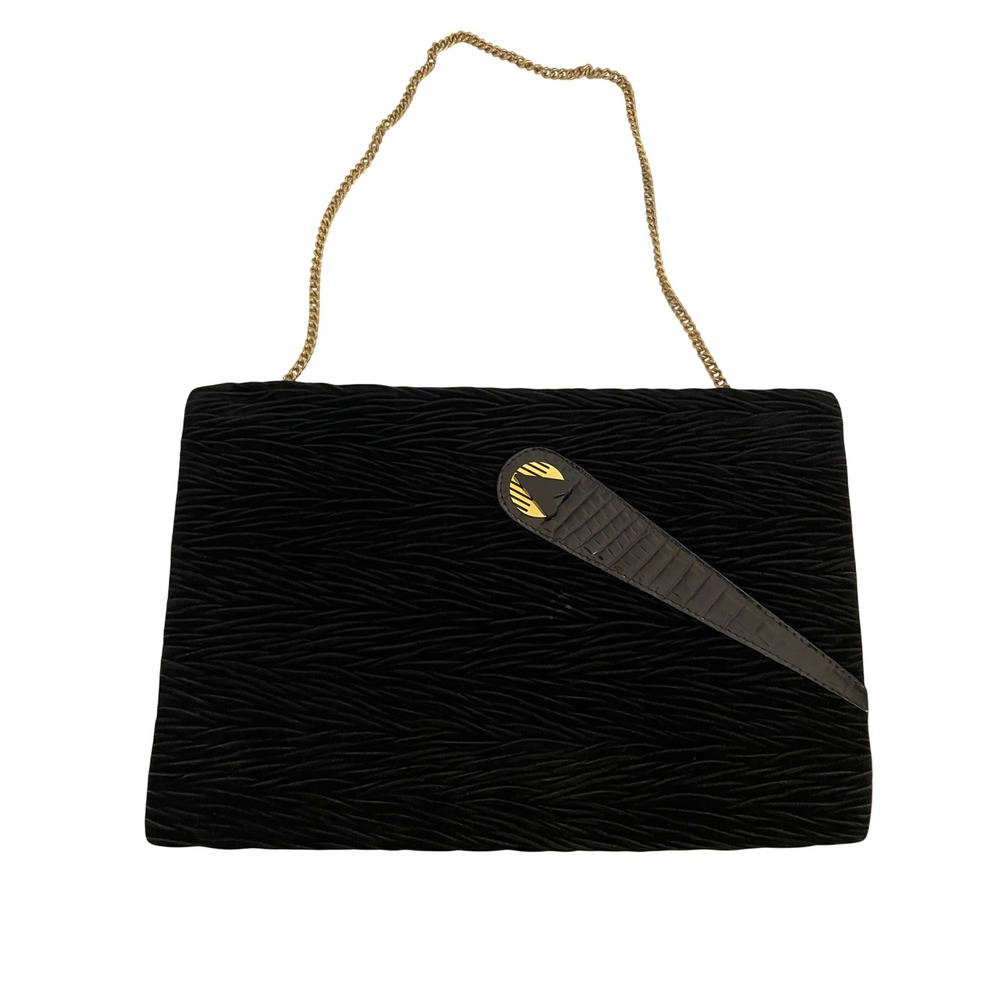 Vintage Black Velvet Clutch Handbag Chain Strap Textured Exterior